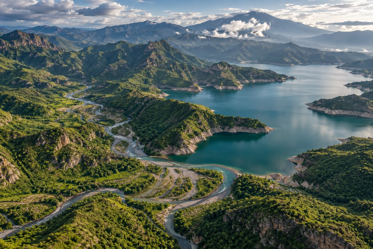 Vista aérea de una cuenca montañosa y su embalse