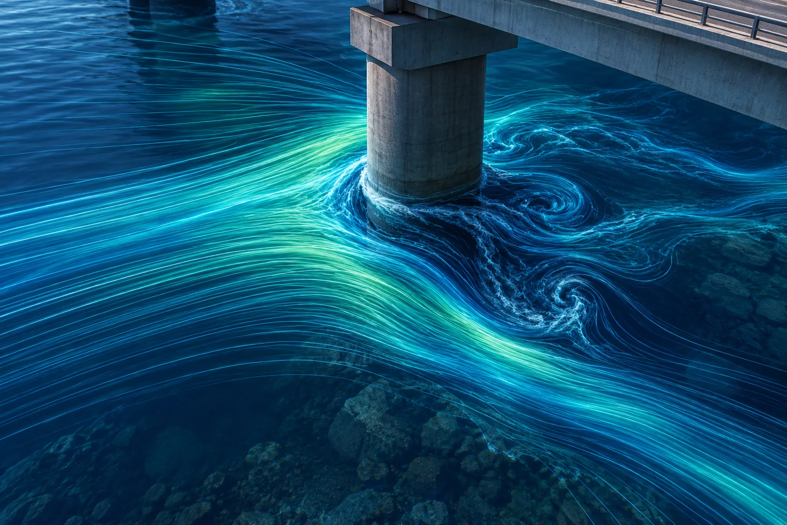Visualización conceptual de velocidades y trayectorias del flujo de agua