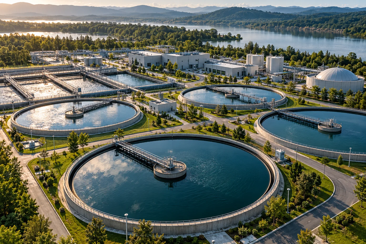 Planta de tratamiento de agua con tanques circulares